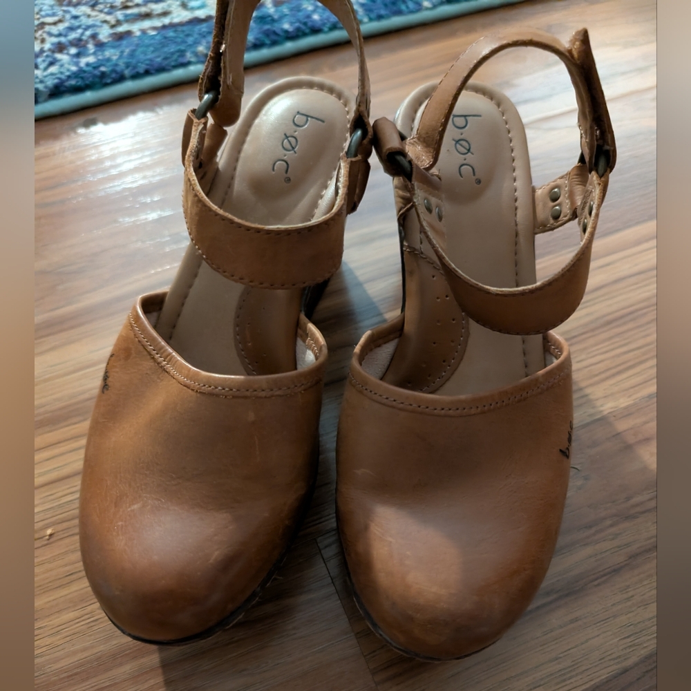 b.o.c. Tan Mules with Wedge